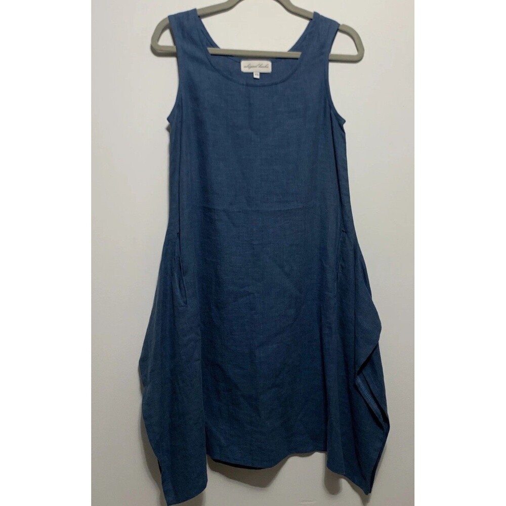 Abigail Heche Blue Linen Tunic Tank Dress Pockets Size Small Lagenlook USA